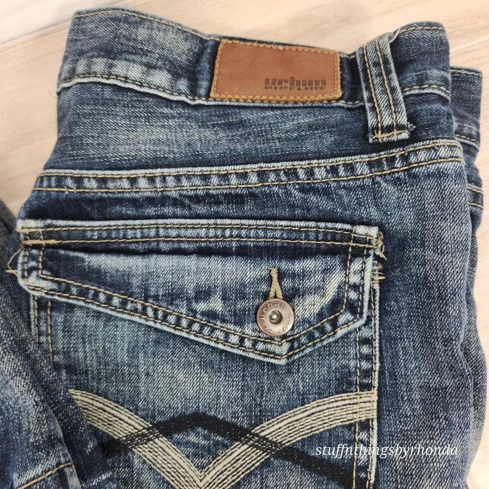 URBAN PIPELINE SLIM Men's 34x30 Distressed Dark Wash Blue Back Pocket Flaps Jean